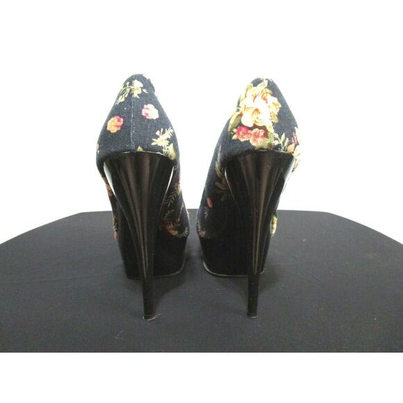 FRH Black Canvas Floral Pattern Platform Pumps Stiletto Heels Shoes Women Sz 8 - Picture 6 of 9